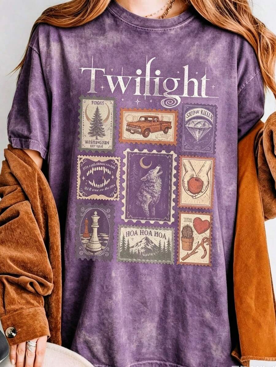 Vintage Twilight Movie Women T-Shirt, Retro Vampire And Wolves Graphic Tee, Y2K Oversized Classic 2000s Film Aesthetic Apparel, GothicHorror Romance - 紫色.1 - 查看 1