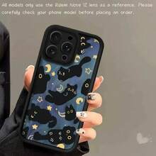 Blue Starry Sky Full Print Black Cat Moon & Stars Phone Case, Black Frame Healing Cartoon Cat Full Coverage Lens Protection Anti-Drop TPU Soft Shell, Compatible With Apple & Android Models, Shockproof & Comfortable Grip, Perfect For Daily Use, Great Gift For Couples & Women, Perfect Birthday Gift For Partner, Fashionable Creative New Design - Black - View 4