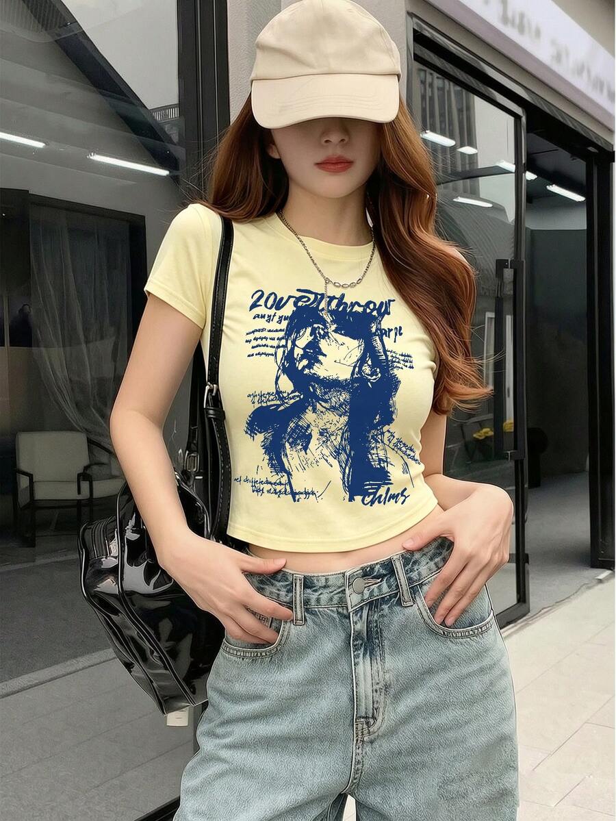 女款圓領短袖T恤,夏季新款人像圖案與字母印花,百搭修身短版上衣,休閒黃色 - 黃色 - 查看 1