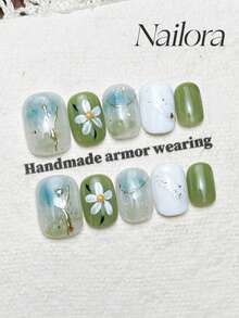 10pcs Handmade Nails Round Square Nails Homemade Acrylic Press On Nails Short Green Blue Gradient White Nails,Glitter Simple Flower, Summer Nails, DIY False Nail Art Party Daily Dating Graduation Vacation Outfits Women & Girls As Gift Nail Supplies - Multicolor - View 2