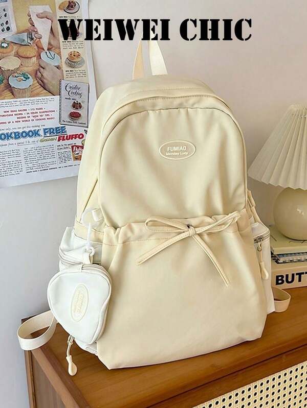 Cream White Nylon Student Backpack, Oval Brand Label Front Drawstring Bow Pocket Detachable Heart-Shaped Coin Purse Side Zipper Pouches Teen Girls