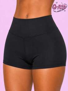 Q-AND QAND 1pc Women's Black High Waist Yoga Shorts, Nylon Elastic Tummy Control Cycling Shorts Sports Summer - Black - View 6