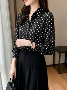 優雅設計波點圖案女式襯衫，適合成熟女性，港風 - 黑色 - 查看 4