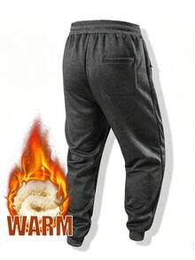 Men's Winter Fleece Lined Joggers, Multi-Pocket Zipper Decor Drawstring Waist Comfortable Casual Long Pants - Dark Grey - View 3