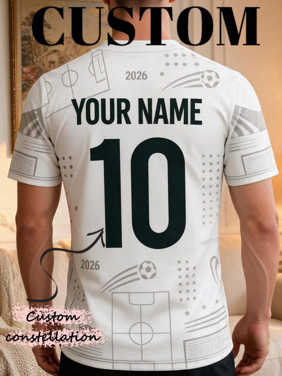 男士客製化足球球衣 可自訂姓名與號碼 白色短袖足球訓練 T-shirt 運動隊服 球隊球衣 送男友禮物 - 白色 - 查看 1