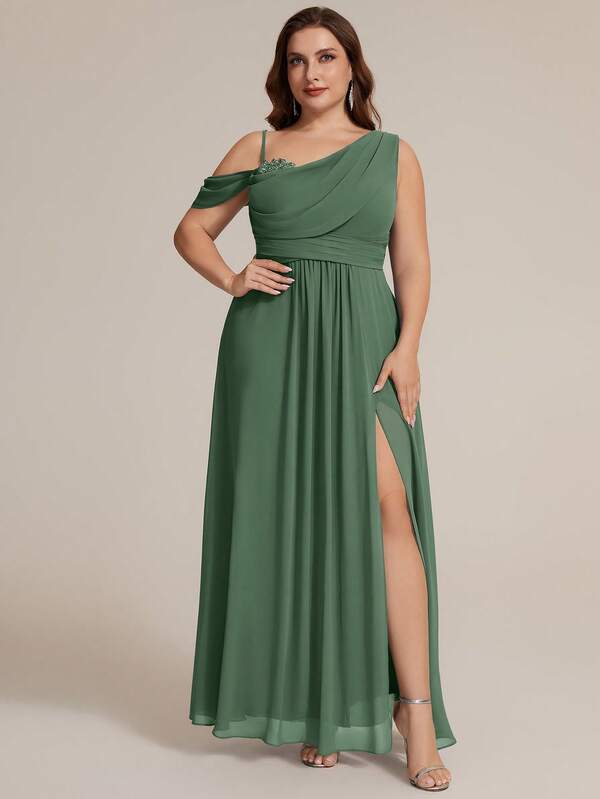 EVERPRETTY Women's Elegant Plus Size Bridesmaid Dress, Green Chiffon Asymmetrical Neckline Pleated Long Formal Gown With Slit