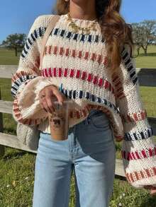 Women's Multicolor Striped Crew Neck Sweater, Long Sleeve Loose Fit Rib-Knit Pullover, Casual Fall Winter Knitwear For Everyday Comfort And Style - Beige - View 2