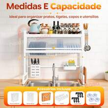 Sing-e Escorredor de Louça Suspenso  Andares – Ajustável 65-105cm, com Porta Retrátil e 5 Acessórios, Organizador de Pia em Aço Antiferrugem - 85cm Branco (Conjunto) - Visão 3