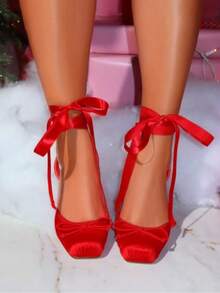 Ballet High Heel Pumps For Women Mary Janes Lace Up Stiletto Heels With Bow Red Women Pumps Satin SquareToe Strappy High Heels Party Weeding Shoes - 紅色 - 查看 1