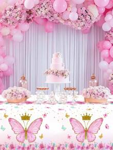 1Pc Disposable Plastic Tablecloth,Pink Butterfly Pattern Rectangle Table Cover For Princess Theme Bridal Shower Baby Shower Girls Birthday Party Decor - Multicolor - View 9