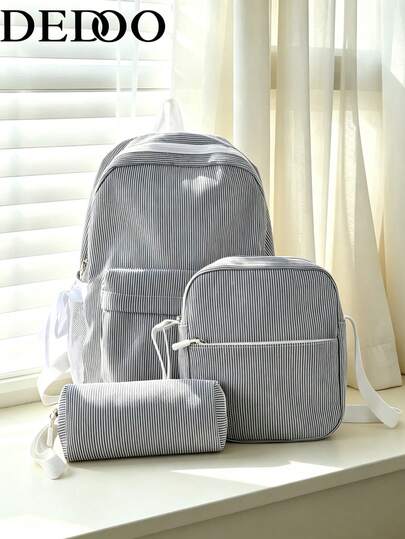 Dedoo Black White Vertical Striped 3Pcs Backpack Set, Ribbon Zipper Multi Pockets Adjustable Straps Sweet Student Bag For School Daily Travel Without Pendan