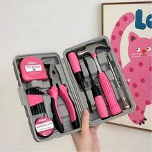 Juego de herramientas multifuncionales rosa, kit de pinzas de hardware para el hogar, juego completo de caja de herramientas para mantenimiento y reparación del hogar - Juego de 13 piezas - Ver 1
