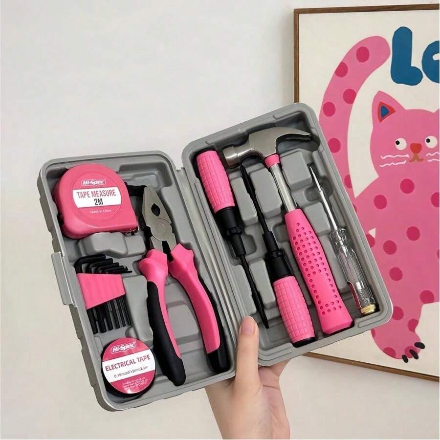 Juego de herramientas multifuncionales rosa, kit de pinzas de hardware para el hogar, juego completo de caja de herramientas para mantenimiento y reparación del hogar - Juego de 13 piezas - Ver 1