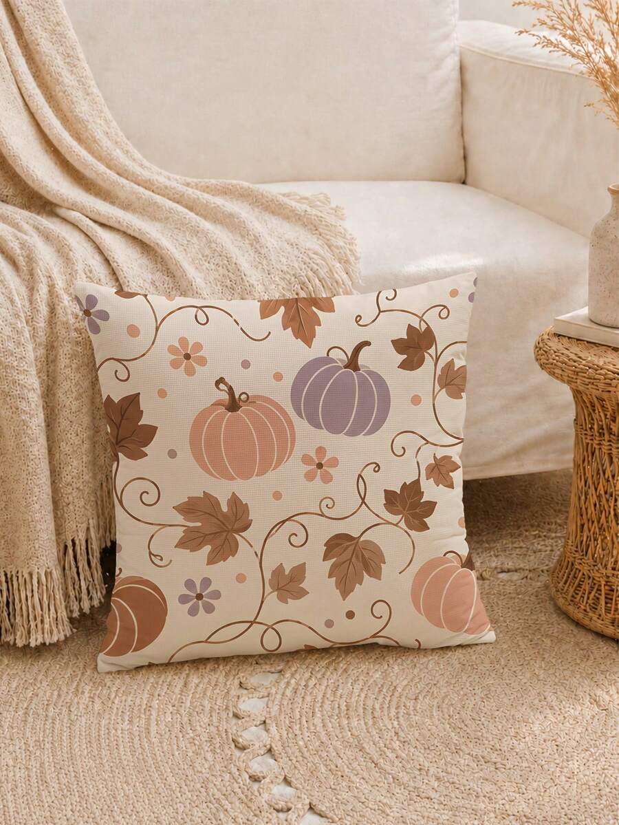 MEMNUN 1pc Pink Purple Vine Autumn Leaf Small Pumpkin Waffle Pillowcase 45*45cm Made Of Polyester Material Simple Line Autumn Fruit And Floral Print Cushion Cover Single-Sided Print Hidden Zipper Polyester Decorative Pillowcase Without Pillow Insert Living Room, Sofa, Bedroom, Car Home Decor - Multicolor - View 1