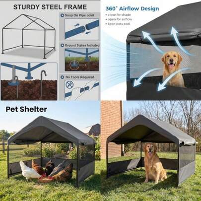 Dog Tent House Outdoor Shade 4'x4'x3' Shelter For Large Medium Pets, Outside Sun Rain Waterproof Canopy With Three-Sided Breathable Mesh Windows, Livestock House With Ground Nails