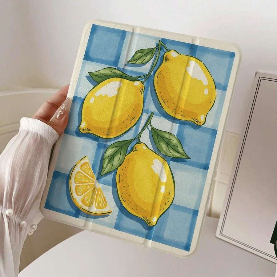 1pc Lemon Blue Plaid Tablet Protective Case, Compatible With IPad PRO/AIR, Pad 5/6/7, MatePad - Multicolor - View 1