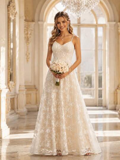 HOMEYEE Women's Spaghetti Strap Lace Embroidered A-Line Long Formal Dress, Suitable For Cocktail Party, Wedding, Formal Occasion White