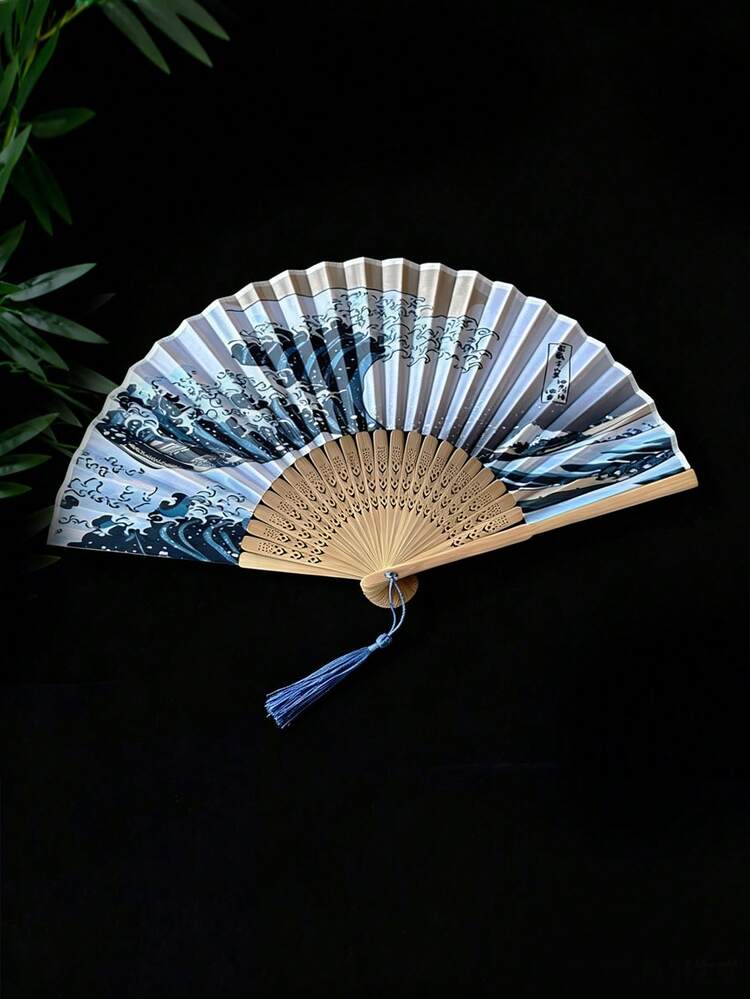 Elegant Vintage Chinese/Japanese Style Bamboo Folding Fan With Tassel - Portable Hand Fan, Suitable For Summer, Weddings, Parties, Gifts For Friends, Back To School, Summer Cooling And Home Decor, Black And White Floral Pattern - Multicolor - View 13
