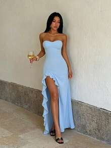 1pc Solid Color Elegant Knitted Fabric Ruffle Hem Dress For Beach Vacation Summer - Baby Blue - View 4