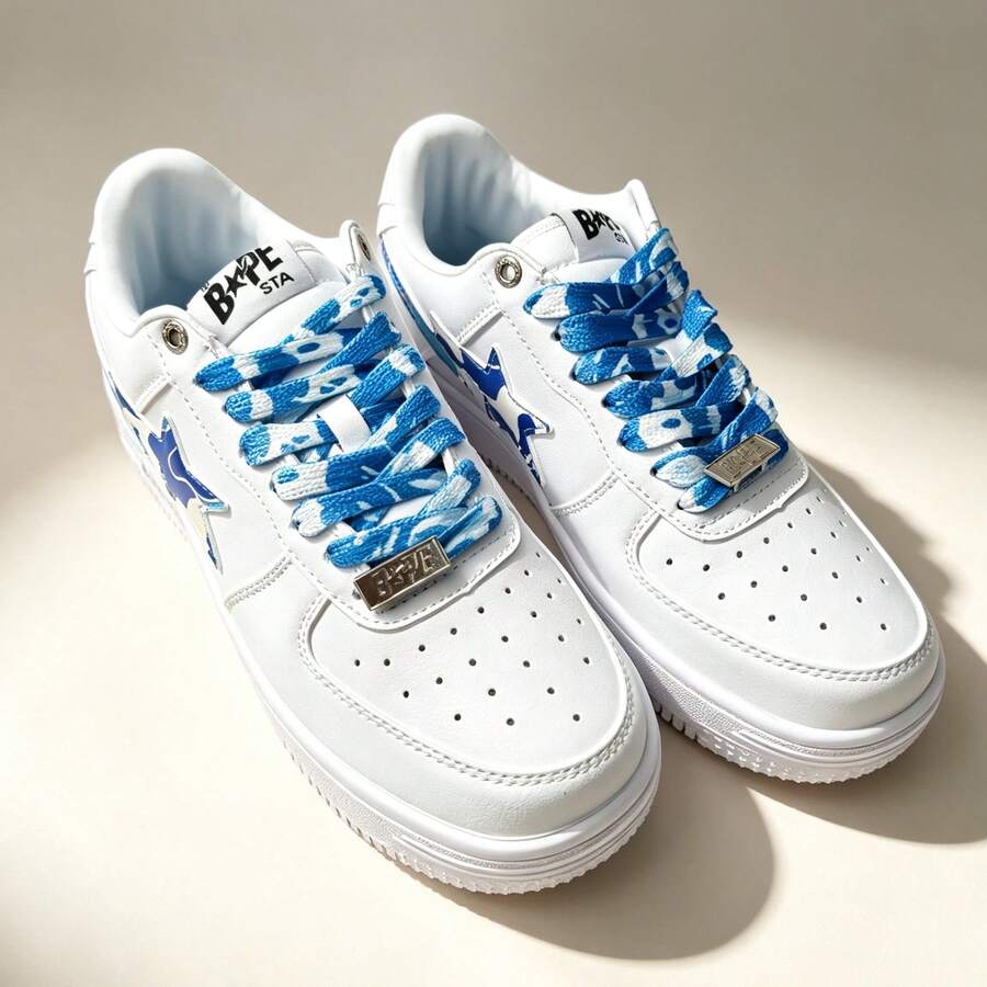 A BATHING APE Bape 休閒滑板鞋 對比色星星 Logo 亮面休閒中性鞋 白色藍色塗鴉