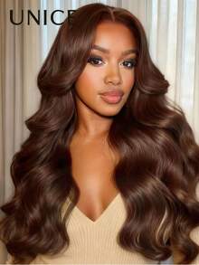 UNice Mocha Brown 13x4 Pre Everything Lace Front Loose Wave Glueless Wig With Drawstring Fit For All Sizes Transparent Lace Auburn Brown 150% Density Put On And Go Wig Pre Plucked Pre Cut Bleached Knots Ready To Wear - S4 - View 4