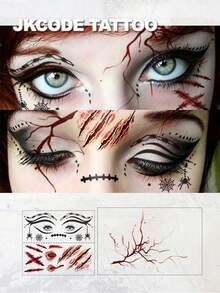 JKCODE TATTOO 6pcs Halloween Eyeshadow Tattoo Sticker Set | Halloween Temporary Tattoo Stickers With Scary Scar Tattoo Stickers Set, Halloween Sticker Set, Women's Party Costume Accessories, 3D Scar Pattern, Scary Costume Stickers Party Favors - Red - View 5