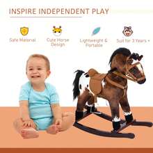 Children's Wooden Plush Ride-On Rocking Horse Toy, With, Dark Brown/White - Dark Brown - View 6