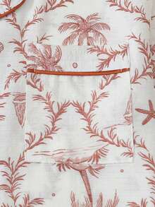 2pcs Women's Comfortable Coconut Tree & Boat Print Short Sleeve Collared Top And Bow Shorts Pajama Set, Spring/Summer - Burgundy - View 4