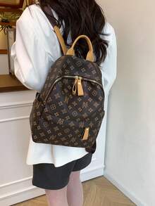 Dedoo Women Vintage Printed PU Backpack, Top Handle, Double Zipper Pockets, Adjustable Shoulder Straps, Large Capacity Casual Travel Daypack For All Seasons - Brown - View 9