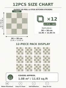SUPSTICKER 12片棋盤格磁磚貼紙，2D防水易清潔可移除牆貼，11.81*11.81英吋，適用於廚房防濺牆 - 彩色 - 查看 13