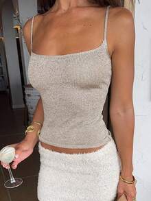 Women's Spring/Summer Solid Color Round Neck Fitted Casual Knit Sweater, Minimalist Retro Solid Color Camisole, Suitable For Commuting - Khaki - View 5