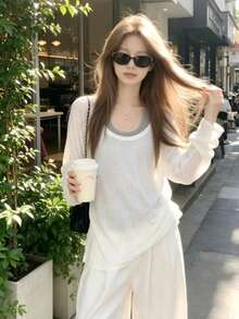 New Spring/Autumn Women's 2-Piece Set White Long Sleeve T-Shirt & Slightly Sheer Sun Protection Cover-Up Top - White - View 9
