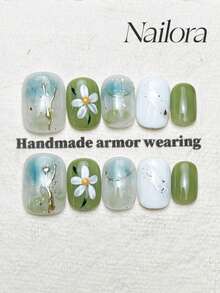 10pcs Handmade Nails Round Square Nails Homemade Acrylic Press On Nails Short Green Blue Gradient White Nails,Glitter Simple Flower, Summer Nails, DIY False Nail Art Party Daily Dating Graduation Vacation Outfits Women & Girls As Gift Nail Supplies - Multicolor - View 12