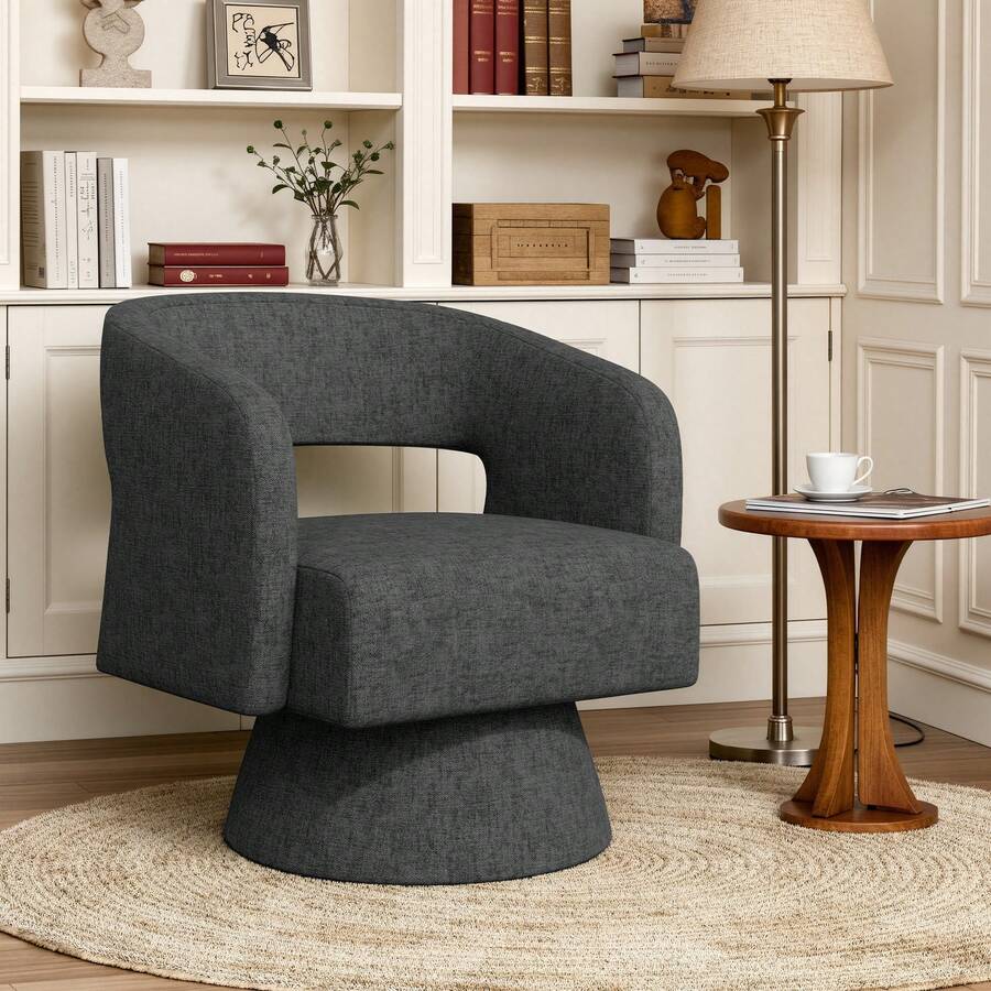 Nalupatio Swivel Accent Chair, Modern Comfy Barrel Chairs, Oversized Upholstered Round Arm Chair For Living Room, Bedroom, Reading Room,1 PCS,Black-Chenille - 黑色 - 查看 1