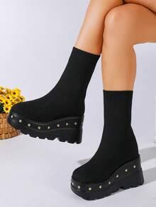 Women's Fashion Black Elastic Knit Thick Sole Sock Boots, Elastic Fabric Fits Leg Shape, Platform Thick Sole Heightening Slimming, Non-Slip Serrated Sole Stable And Durable, Round Toe Simple Versatile, Suitable For Daily Commute And Street Wear - Black - View 3