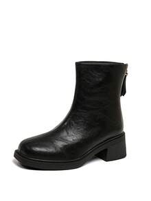 Back Zipper Glossy Chunky Heel Ankle Boots Vintage Split Seam Round Toe Layered Chunky Heel Loose Straight Shaft Minimalist Fashion Boots - Black - View 8