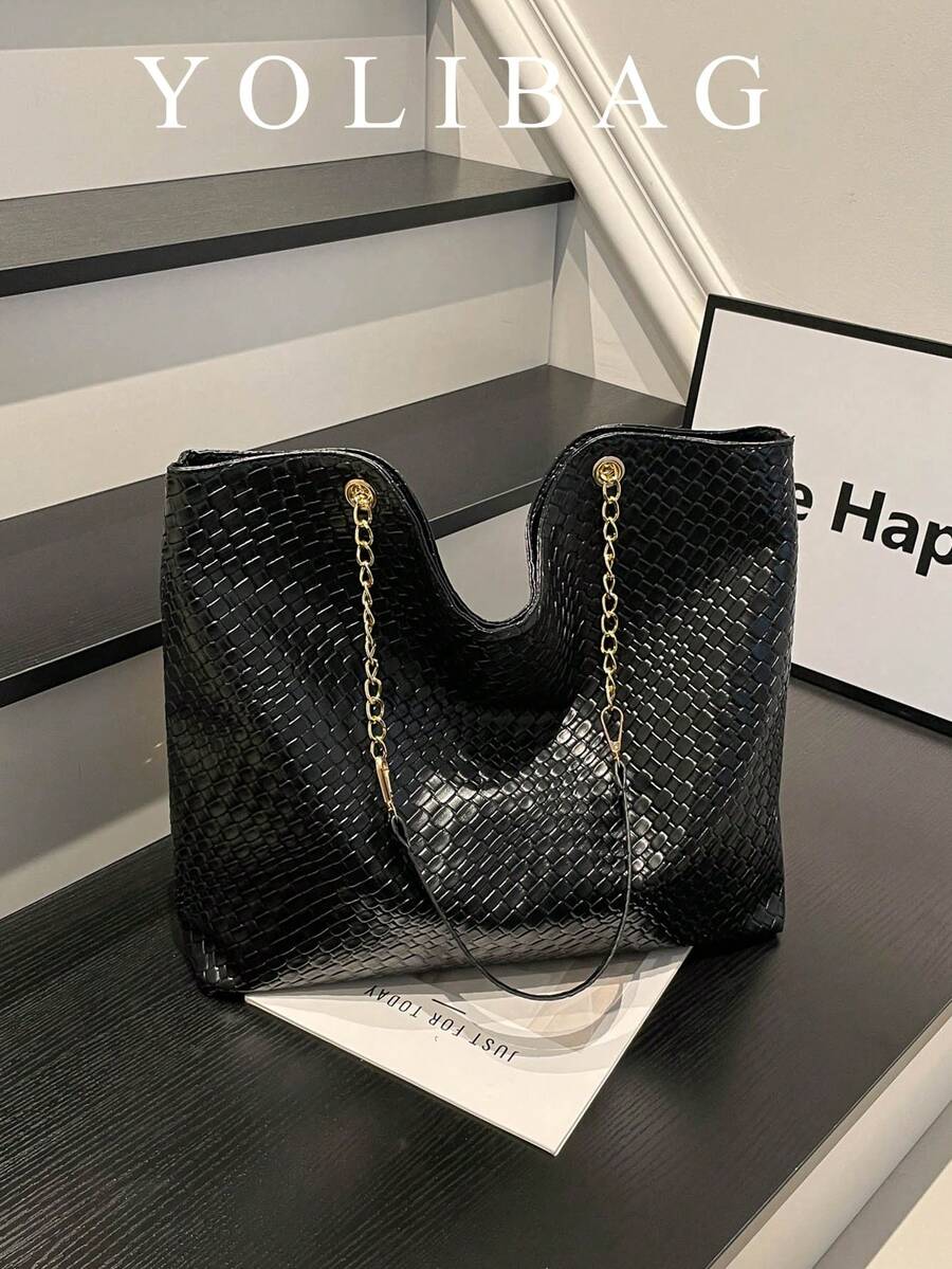 Vintage Black Woven Texture Daily Commute Versatile Large Capacity Tote Bag