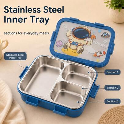 Cartoon Divided Bento Box, Prevents Food Odor Transfer, Cute And Playful, Suitable For Students And Office Workers Lunch, Square Design, Includes Utensils