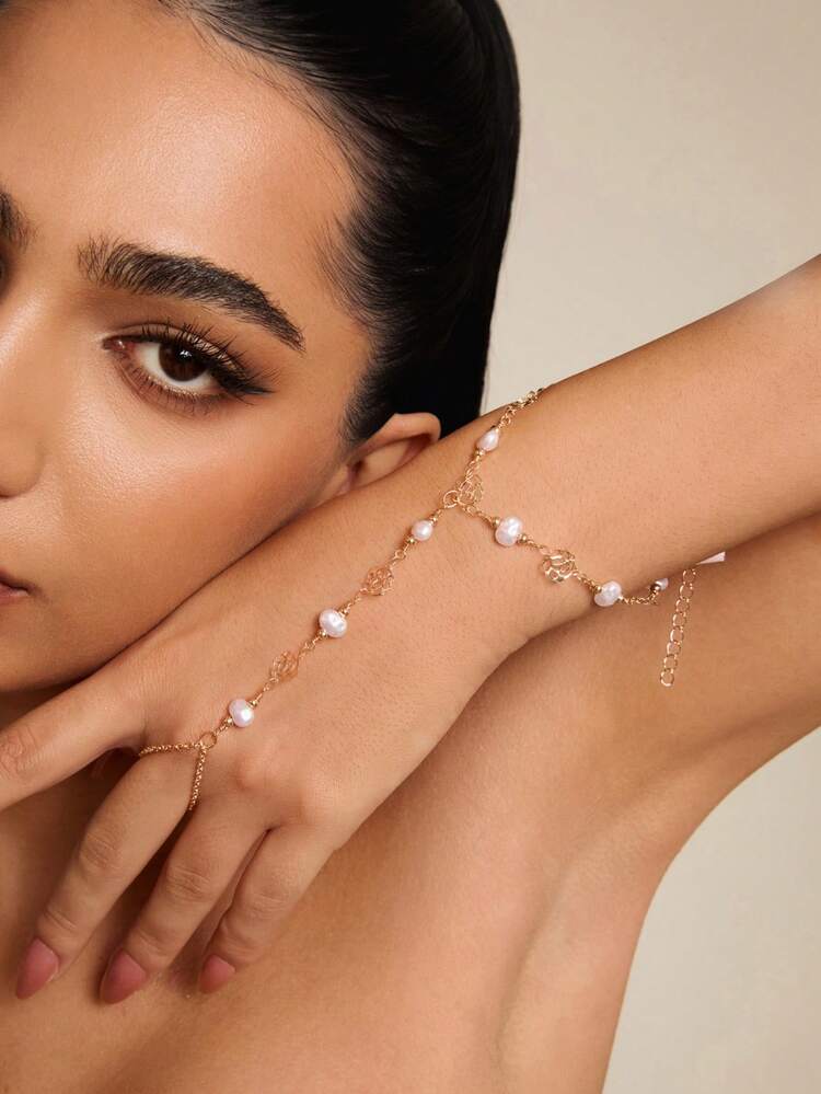 Altistry 1pc Elegant Asymmetric Pearl Rose Flower Chain Linked Finger Ring Bracelet, Suitable For Daily Wear, Parties And Any Occasions - Yellow Gold - View 6