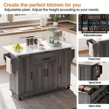 Mobile Kitchen Island Cart With Foldable Tabletop, Rolling Storage Trolley With Adjustable Shelves, Double Door Cabinets And 2 Drawers, Kitchen Storage Island With Towel Rack And Spice Rack For Dining Room, White, 129 X 46 (71) X 91 Cm - Grey - View 6