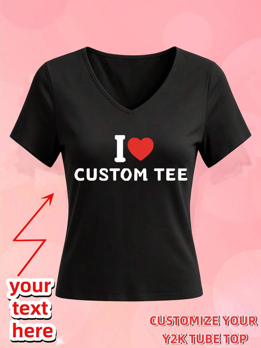 Custom Text V Neck T-Shirt, DIY Customizable Letter Print Casual Basic Short Sleeve Top For Women Daily Black Summer - Black - View 1