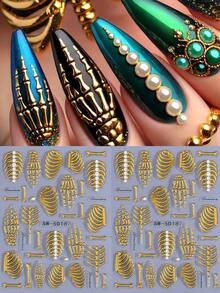 2 feuilles d'autocollants pour ongles 5D gaufrés auto-adhésifs Halloween, rayures crâne et côtes dorées métalliques, décalcomanies pour ongles gothiques punk horreur, décoration d'ongles pour cosplay, salon, maison et vacances, accessoires pour ongles DIY - Doré - Voir 3