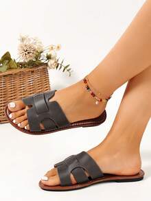 Ximi Ruo Korean Style Casual Flat Slide Sandals For Women, Summer Open Toe Woven Roman Sandals, Spring/Summer New Fashion French Style Brown Flat Slippers For Outings, Beach, Apartment, Matching With Skirts - Grey - View 5