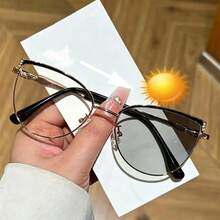 Cat Eye Metal Texture Minimalist Photochromic Lens Casual Travel Decorative Glasses For Women - Dusty Pink - View 12