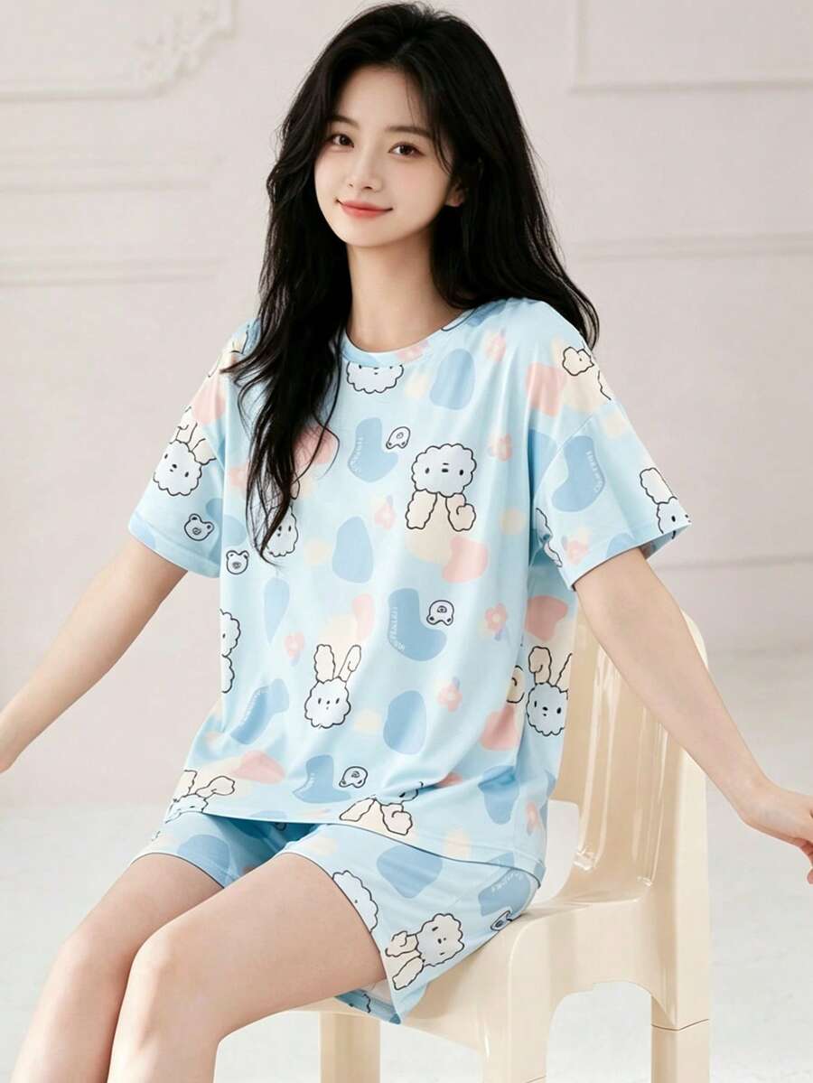 AICJ 两件套可爱兔子撞色印花睡衣套装,休闲短袖圆领T恤和口袋短裤,女士家居睡衣 - 淺藍色 - 查看 1