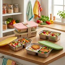 Stainless Steel Bento Box Adult, Microwavable Metal Lunch Box, Stackable Meal Prep Containers With Dividers, Leak-Proof Travel Food Containers, Salad Snack Containers With Lids, With Bear Strap, For School Student - Multicolor - View 2