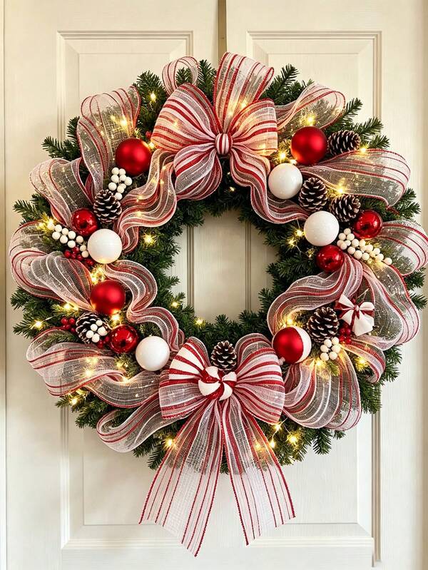 1 Roll Red And White Christmas Ribbon, 10 Yards/Roll, Christmas Tree Decoration Wreath Ribbon, DIY Gift Wrapping Bow Wired Edge Ribbon, Glitter Holiday Decoration Ribbon, Suitable For Christmas, New Year And Birthday