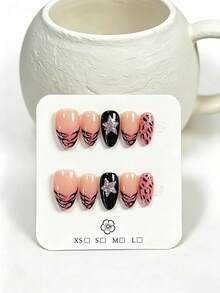 10pcs Handmade Press-On Fake Nails, Almond Shape, Halloween Eve Nude Pink Gradient With Black Pink Leopard Print, Black Tiger Stripe And Glitter Pentagram Accents, Eye-Catching Minimalist Design, Suitable For Party, Wedding, Daily Wear, Includes Nail Tools, Perfect Gift For Women And Girls - Pink - View 2
