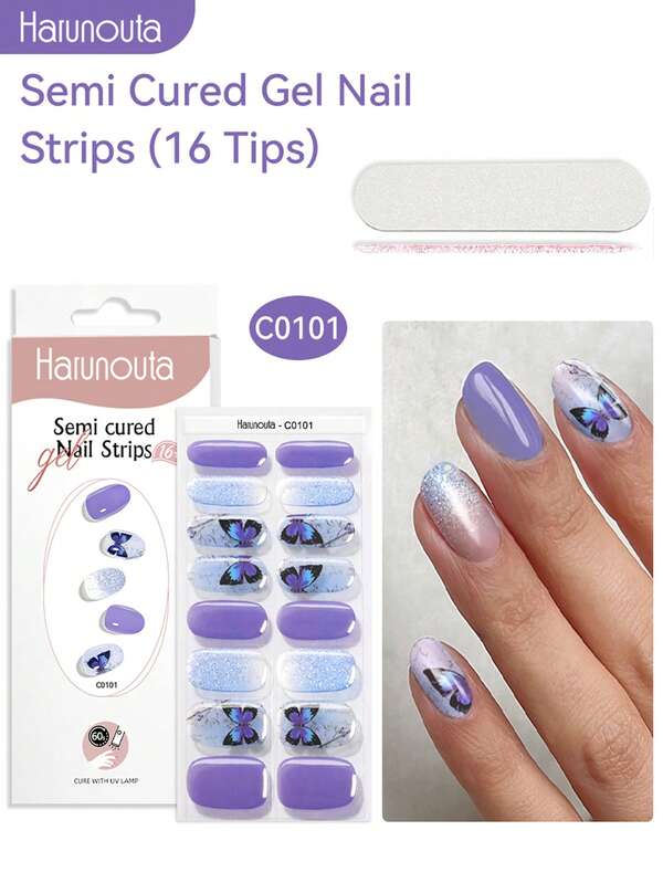 Harunouta 16pcs Macaron Gradient Semi-Cured Gel Nail Stickers, Light Pink Purple Shiny Lavender Starry Sky Floral Gradient UV Gel Nail Stickers, Iridescent Rainbow Moon Star Nail Stickers, Suitable For Spring Outfit And Daily Commute