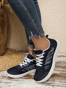 Women's Plus Size Wide Toe Box Athletic Shoes, Minimalist Striped Mesh Decor, Front Lace-Up, Extra Wide Soft Sole, Suitable For Outdoor Sports - Navy Blue - View 4